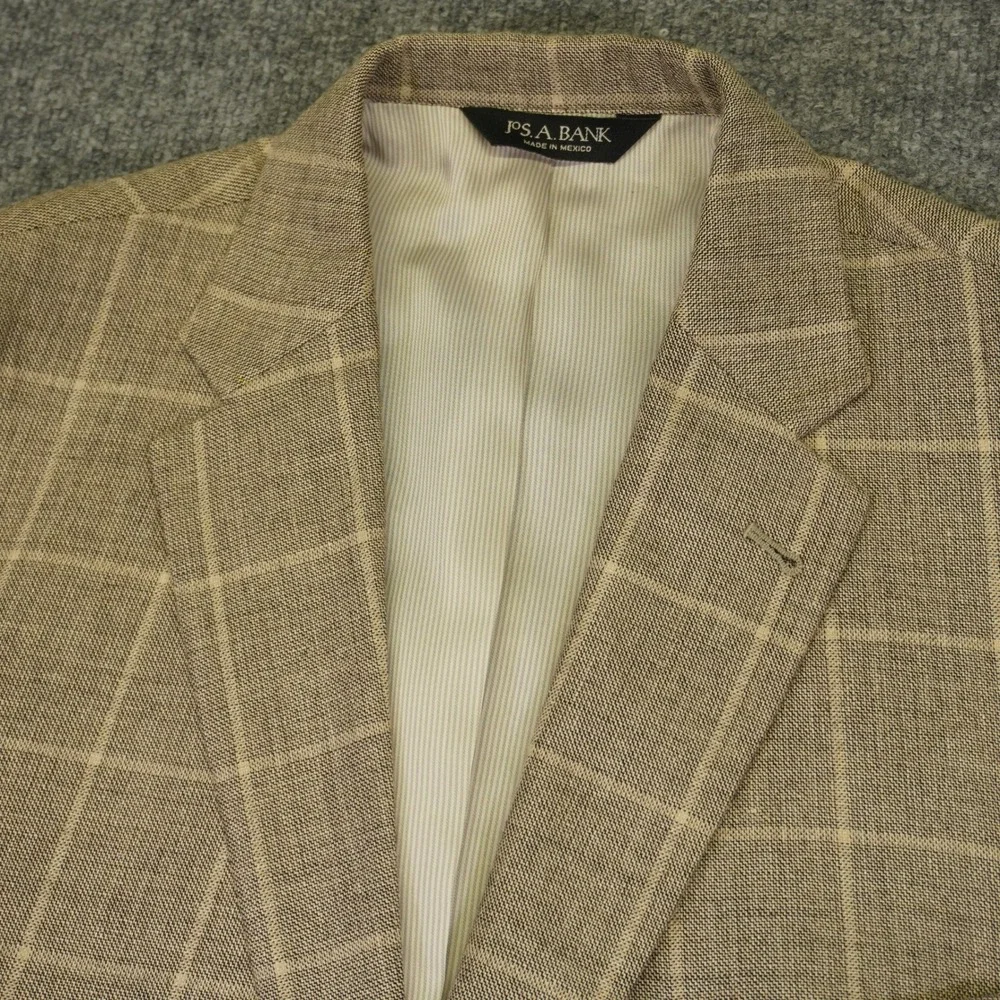 Jos A Bank Blazer Men 48R Tan Silk Linen Wool Windowpane Tailored Fit Sport Coat